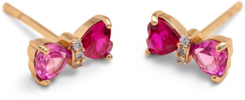 Gulløreringer med rosa hjerteformede steiner og små klare krystaller i midten.