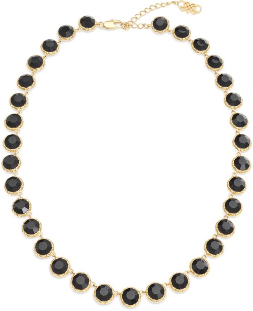 Ett halsband med svarta stenar och guldsarg, ordnade i en cirkel med ett lås.