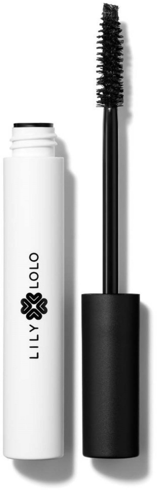 En hvid øjenvippe serumrør med sort tekst og sort låg, vist med mascara-børsten fjernet.