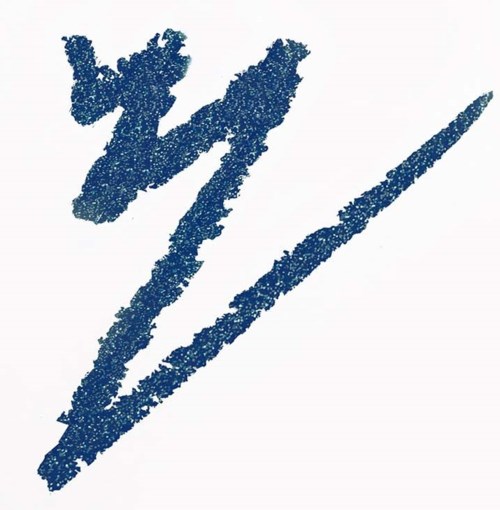 Een blauwe bliksemschicht met Japanse karakters. Het ontwerp is ruw en texturerend. Het staat op een witte achtergrond.