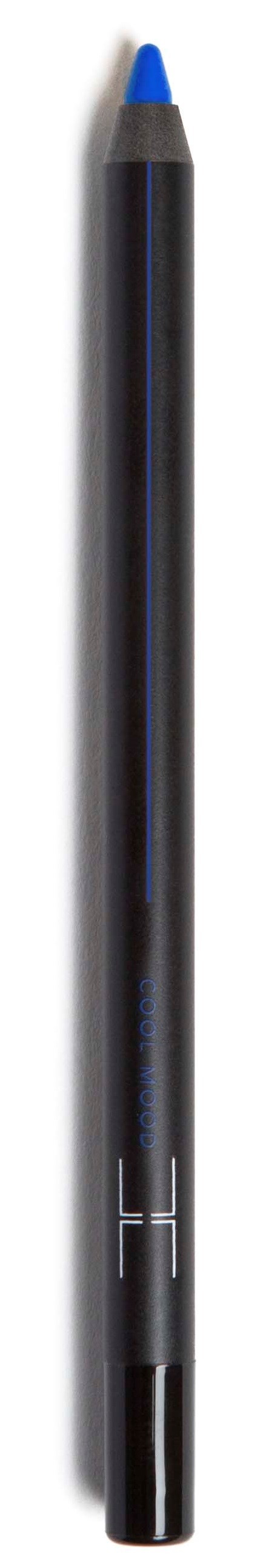 A blue lipstick pen with a black body and a clear cap.