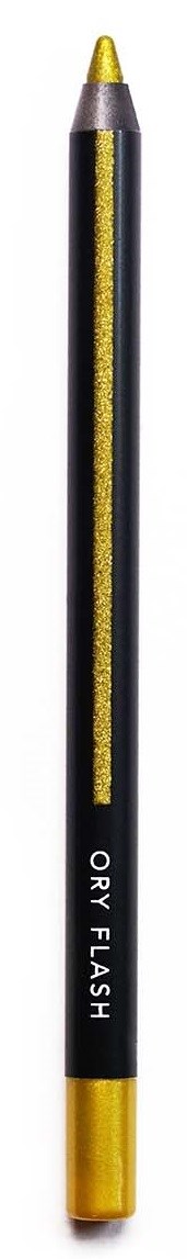 Een zwarte en gouden make-uppotlood met een gele punt, gemarkeerd "DRY FLASH."