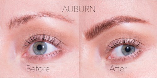 Jämförelse av ögonbrynsmakeup före och efter, visar fylligare och mörkare ögonbryn efter behandling.