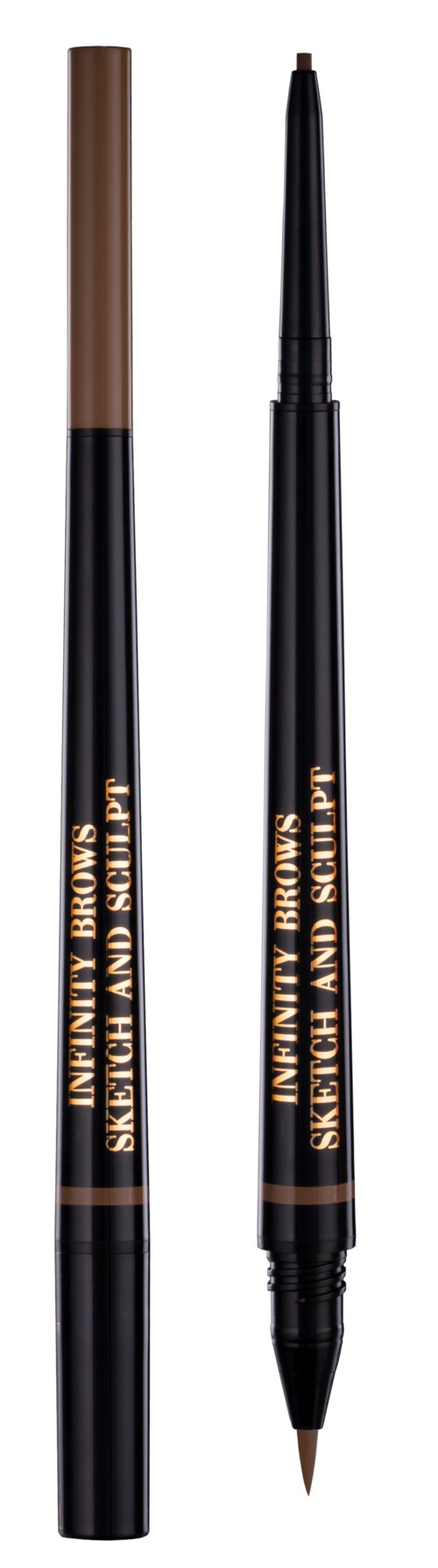 Två makeup-pennor, en pennvässare, med svarta och bruna spetsar, märkta 'Liquid Brow' och 'Sketch and Set.'