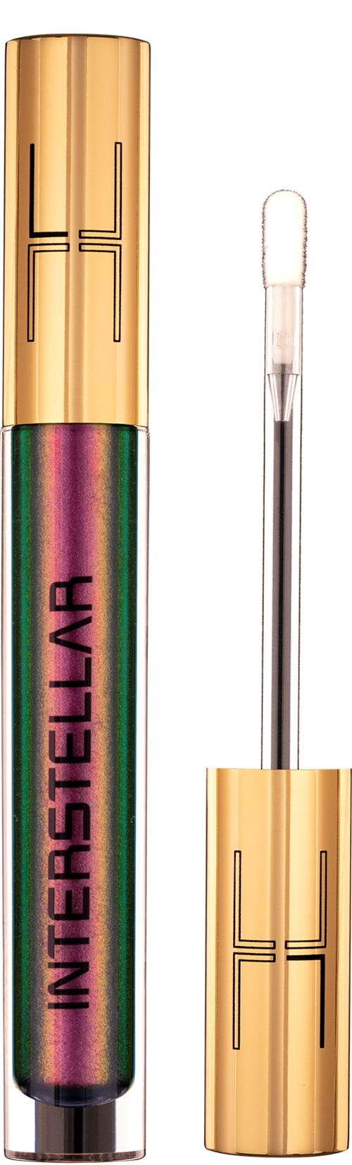 Lip gloss with a multicolored shimmer, gold cap, and black text that says "INTERSTELLAR".