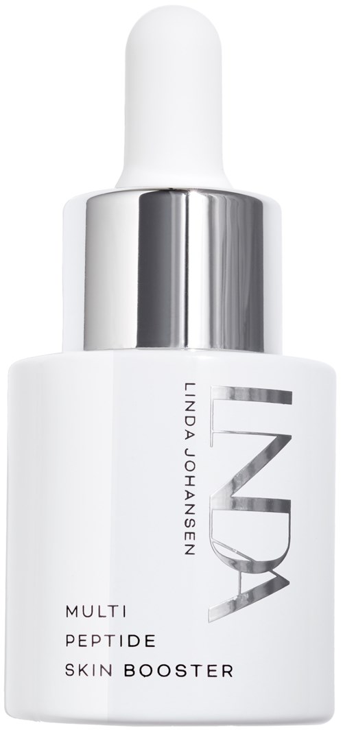 En vit flaska med pipett innehåller Linda Johansen Multi Peptide Skin Booster. Den har silverdetaljer och minimalistisk text.