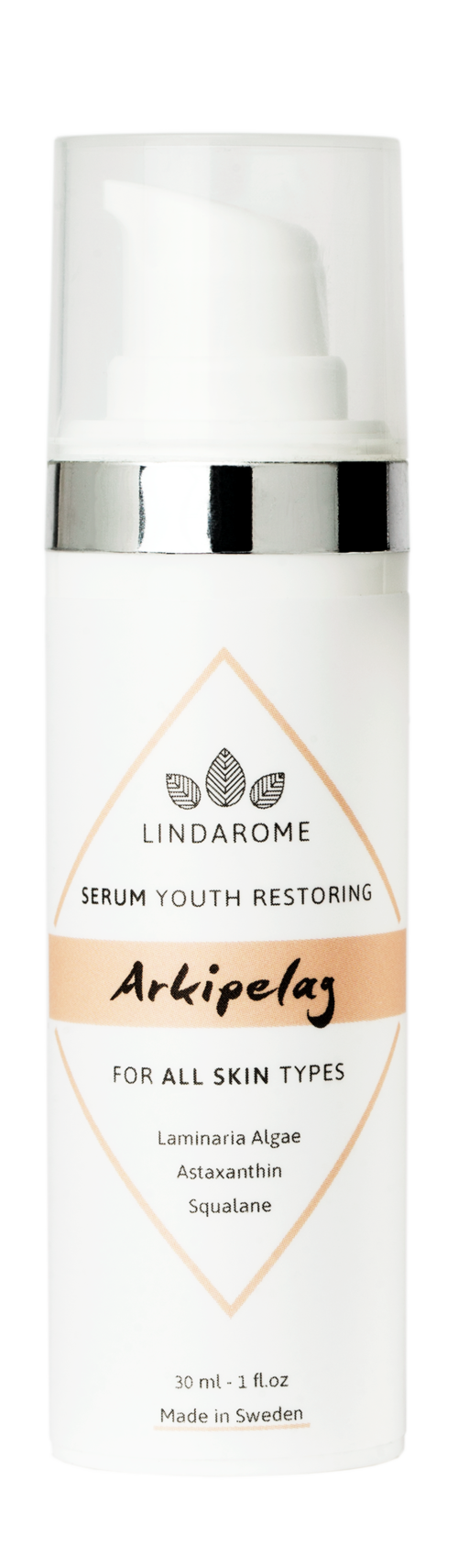 En hvid flaske med pumpe, mærket 'Lindarome Serum Youth Restoring Arkipelas,' til alle hudtyper, med planteingredienser.