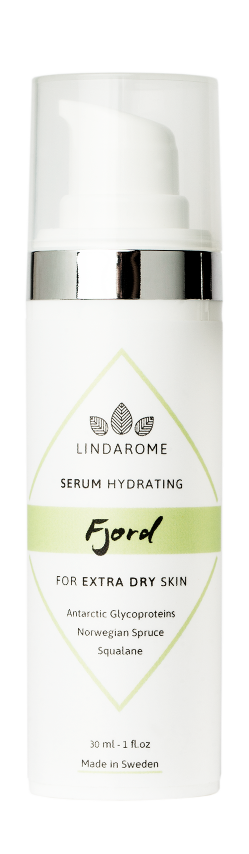 En hvid flaske med pumpe, mærket som fugtgivende serum til tør hud, lavet i Sverige, indeholder naturlige ingredienser.