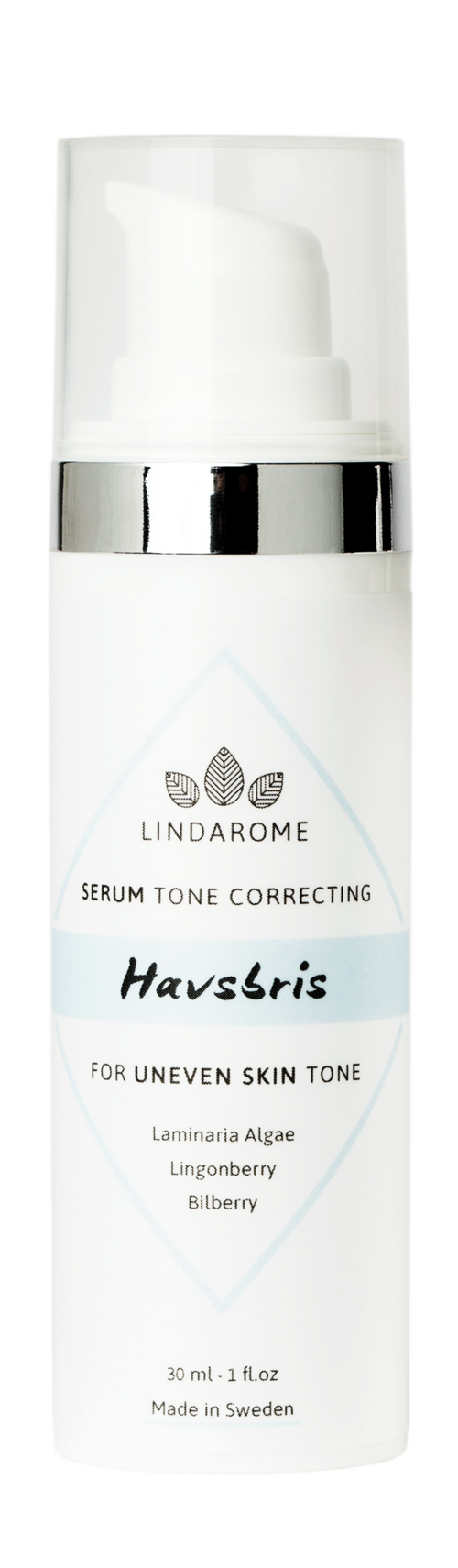 En vit flaska med pump, märkt för hudtonjustering med naturliga ingredienser som alger och bär.