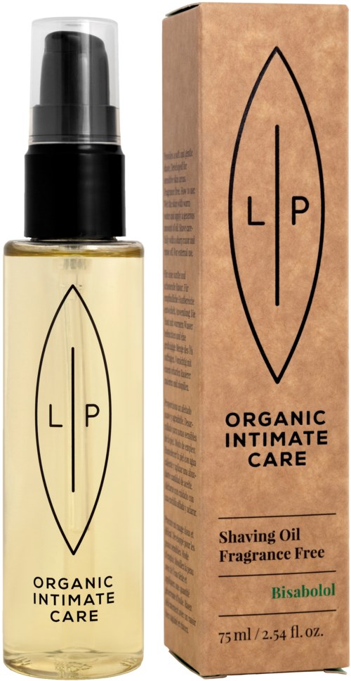 En liten flaska rakolja med svart pump och en kartong med texten 'Organic Intimate Care.'