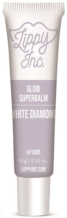 Lippy Inc. Glow Superbalm, vit diamant smak, 10g, läppvårdsprodukt i tub i vitt och lila.