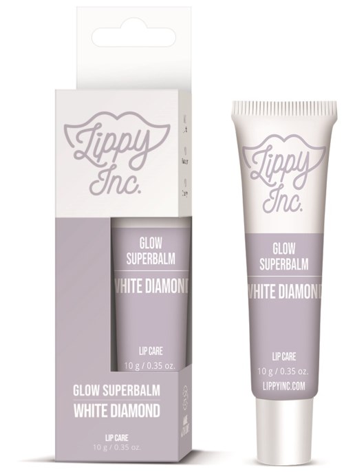 En tub med läppbalsam och dess förpackning, båda märkta 'Lippy Inc. Glow Superbalm White Diamond' för läppvård.