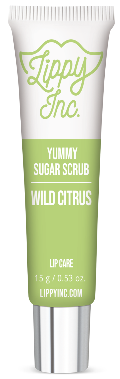 En liten, grön och vit tub märkt Lippy Inc. Yummy Sugar Scrub i smakerna Wild Citrus. Den är för läppvård.