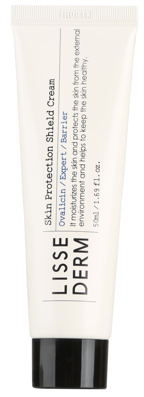 En vit tub med svart lock, märkt "LISSE DERM" och innehåller hudskyddscreme.