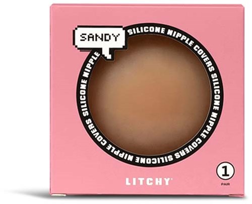 Rosa box med fönster som visar hud, märkt 'Sandy'. För silikonnipplecover. Märke är LITCHY.