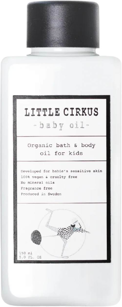 En hvit flaske med svart hette merket 'LITTLE CIRCUS baby oil' for barns hud, uten parfyme og dyreingredienser.