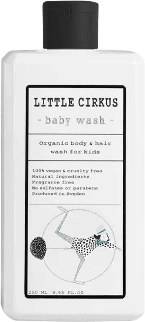 En hvit babywash-flaske med svart lokk, etiketten viser et sirkusdyr og informasjon om økologiske, veganske og naturlige ingredienser.