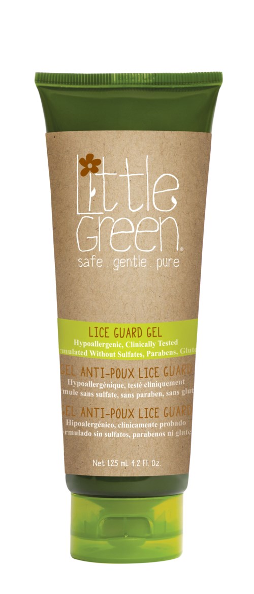 Grön tub med brunt märke, innehåller lice guard gel för försiktig, säker lusbehandling.