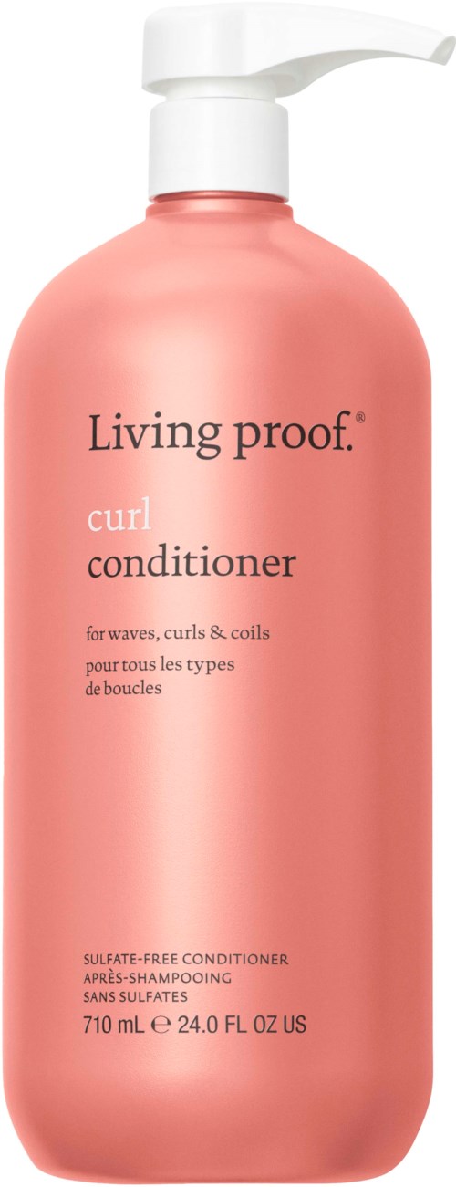 Różowa butelka od Living Proof curl conditioner z pompką, do falujących, kręconych i zwiniętych włosów.