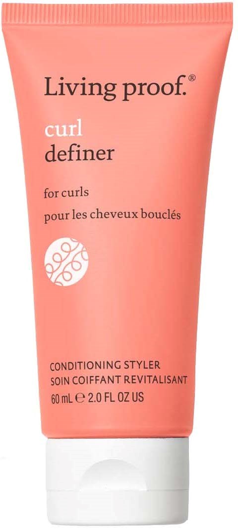 A pink tube of Living proof curl definer for curls, 60 ml. Contains styling conditioner.