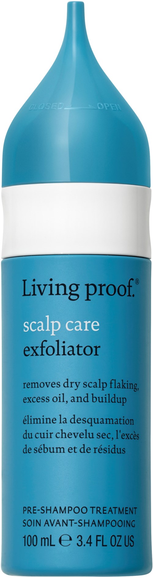 En blå och vit flaska märkt 'Living proof: scalp care exfoliator' för att ta bort torr hårbotten och överflödig olja.