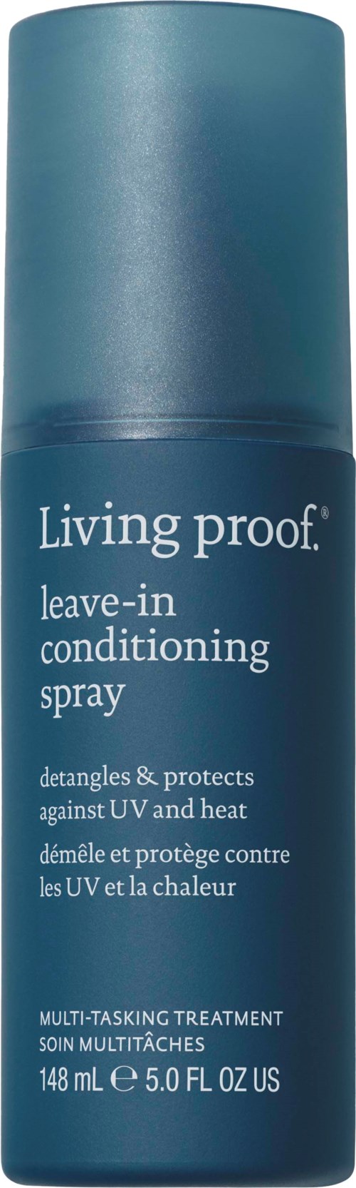 Niebieska butelka sprayu Living Proof do odczesania i ochrony przed UV i ciepłem.