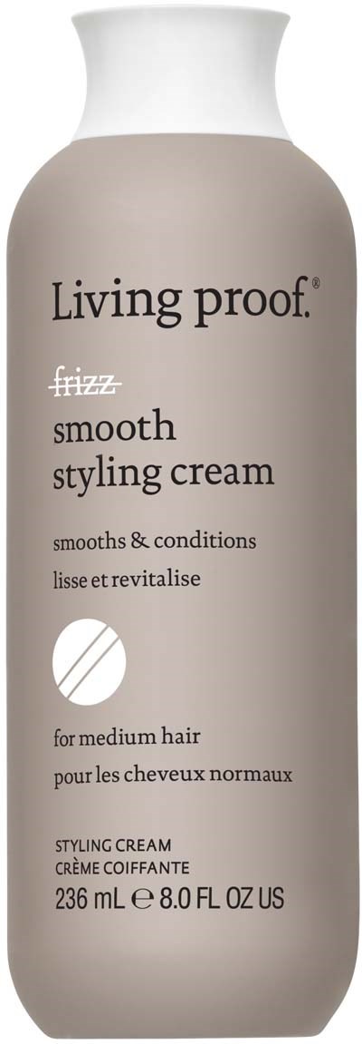 Beżowa butelka z napisem Living proof smoothing styling cream, do średnich włosów, z białą nakrętką i prostym tekstem.