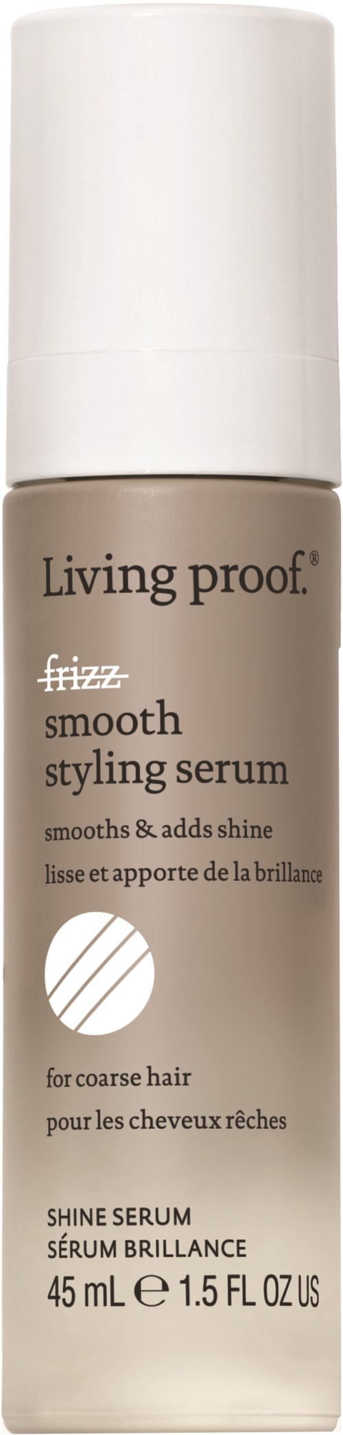 A beige bottle with a white cap containing Living Proof frizz smooth styling serum for coarse hair.