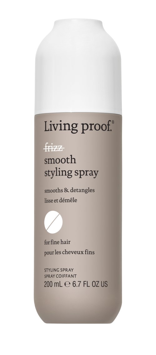 A white can of Living Proof frizz smooth styling spray, 200 ml, for fine hair.