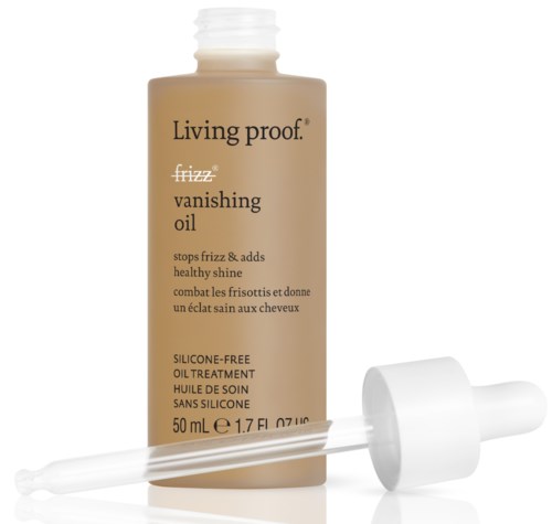 En beige flaska av Living Proof vanishing oil med en dropper, 50 mL, för att minska frizz och ge glans.