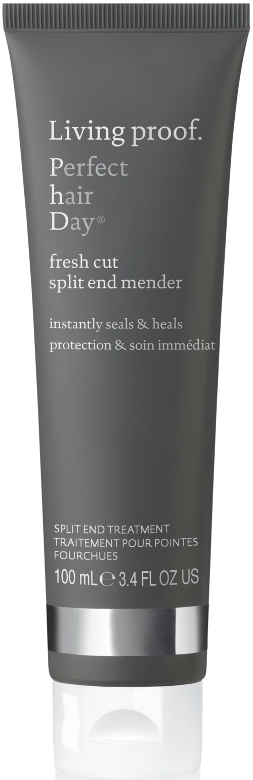 Et grått hårpleiebeholder med hvit tekst, med tittelen Living proof Perfect hair Day, for split end mender. 100 ml.