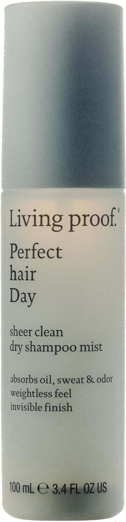 Living Proof Perfect Hair Day torrschampoomist i sprayflaska i vitt och silver.