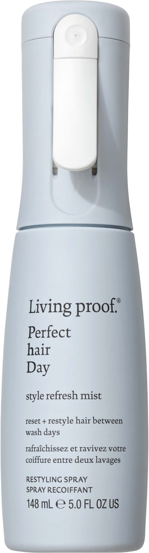 Biała butelka Living proof Perfect hair Day style refresh mist do włosów, 148 ml, z pompą Dozownik.