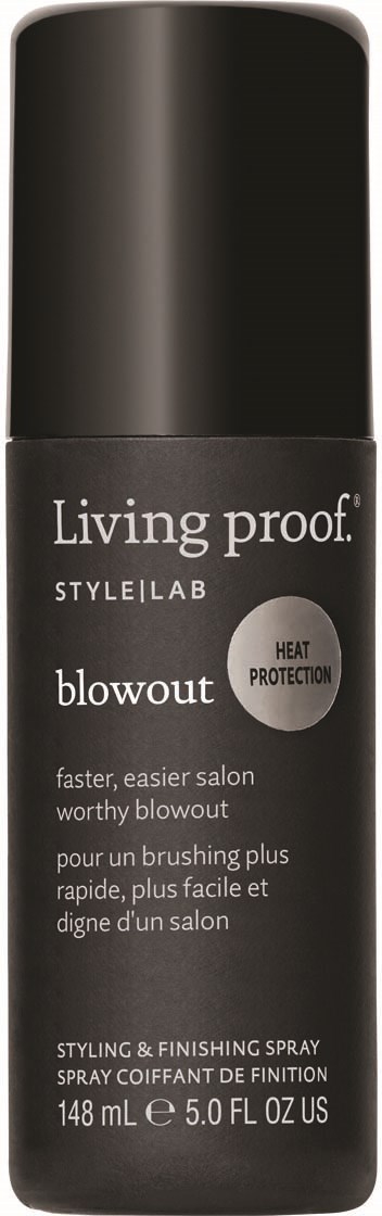 En svart og grå sprayflaske med hvit og sølv tekst for hårstyling og beskyttelse.