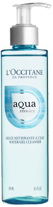 En blå genomskinlig flaska med pump, märkt L'Occitane Aqua vatten-gele rengöring, 165 ml.