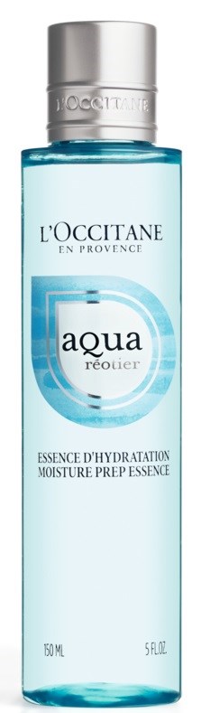 En klar flaska av L'OCCITANE aqua reotier fuktighetskräm med blå vätska inuti och silverlock.