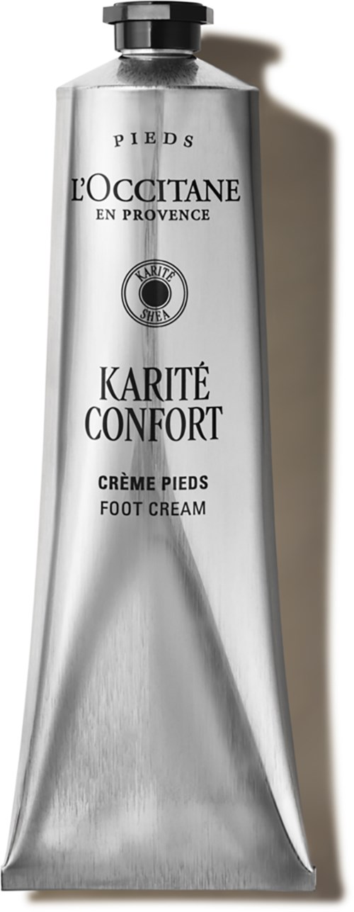 Hopeaputki L'Occitane jalkavoidetta, musta korkki, merkinnällä 'Karité Confort' kuiville jaloille.