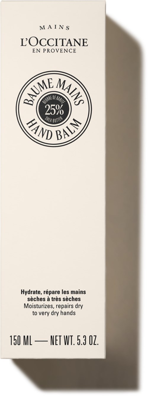 En lång vit låda med svart text, visar en handkräm från L'Occitane med 25 % sheasmör.