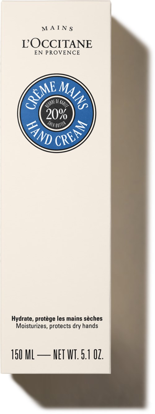 A white box packaging for hand cream from L'Occitane with blue and black text, showing it is 20% shea butter.