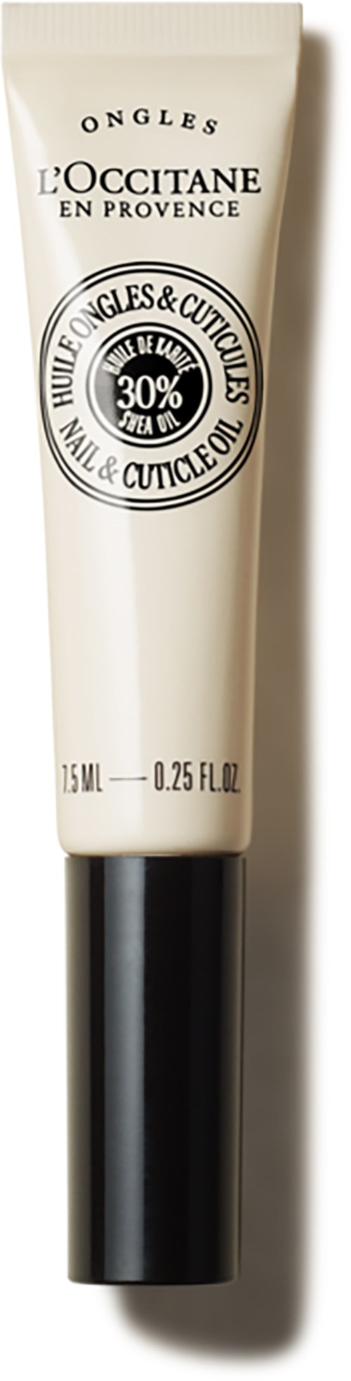 En hvit tube med L'Occitane negle- og cuticlepleieprodukter med svart hette, inneholder 0,25 fl oz og gir 30% nærende ingredienser.