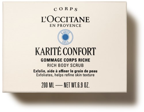 Förvaringsask för L'Occitane kroppsskrubb med text om peeling och att förbättra hudens textur, 200 ml.