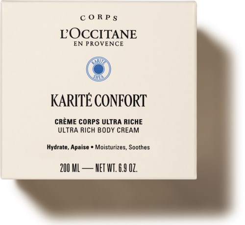 En hvit boks med svart og blå tekst for L'Occitane kroppskrèm, beskriver den som ultra rik og fuktighetsgivende.