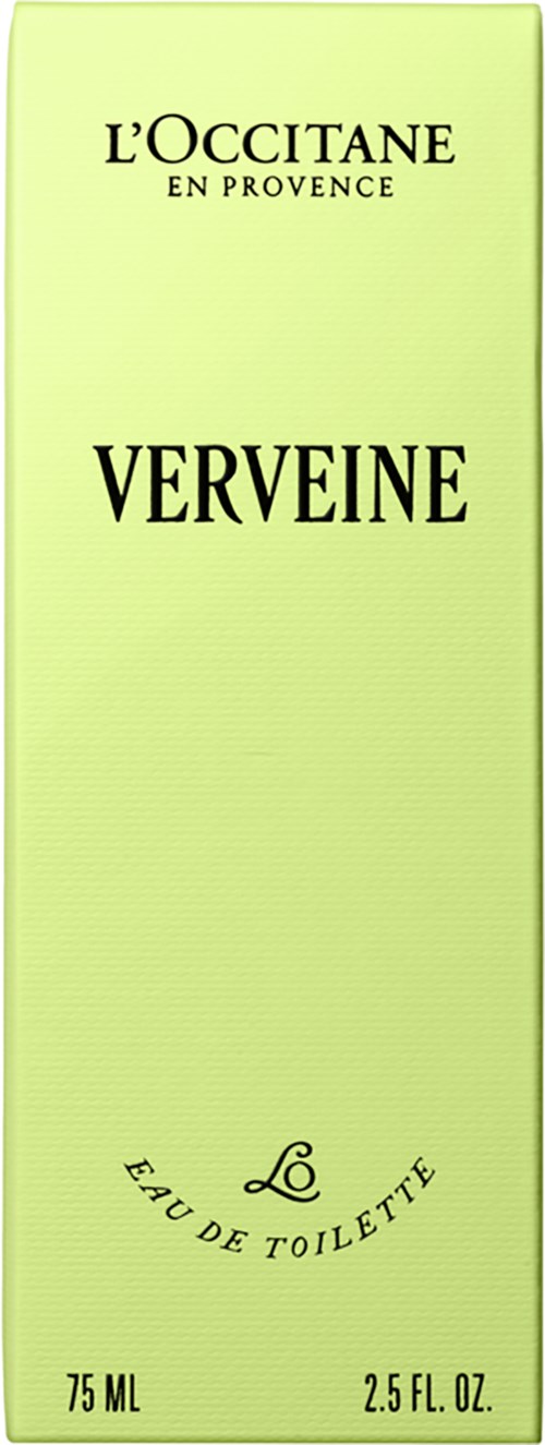 L'Occitane Verveine parfymförpackning i ljusgrön färg med svart text.