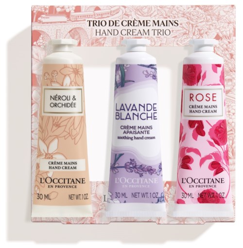 Tre handkrämstuber med blommönster: Nektar & orkidé, Lavendel & vit, och Ros.