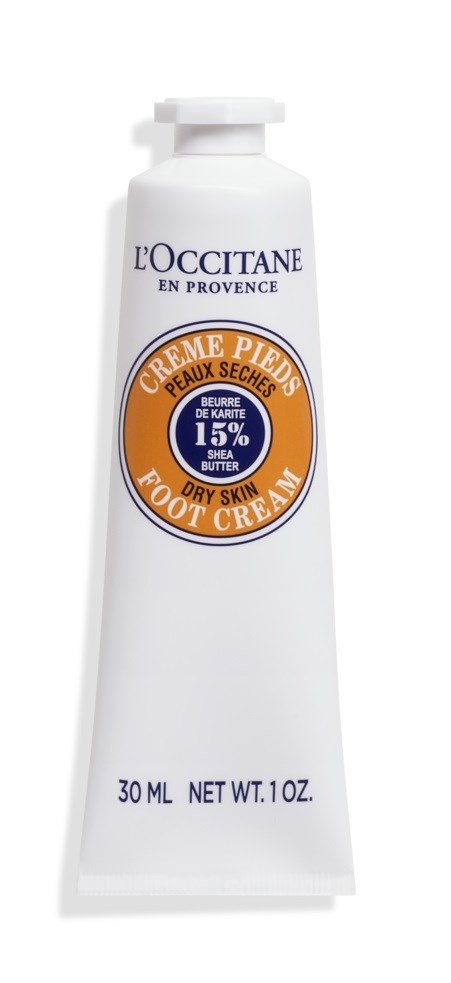 L'OCCITANE jalkavoideputki, valkoinen, etiketti oranssi, sininen ja valkoinen, 30 ml.
