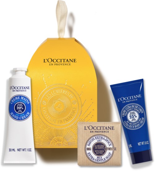 L'Occitane-Logo, gelbe Tüte, Handcreme, Seife und Körpercreme präsentieren ihre Produkte.