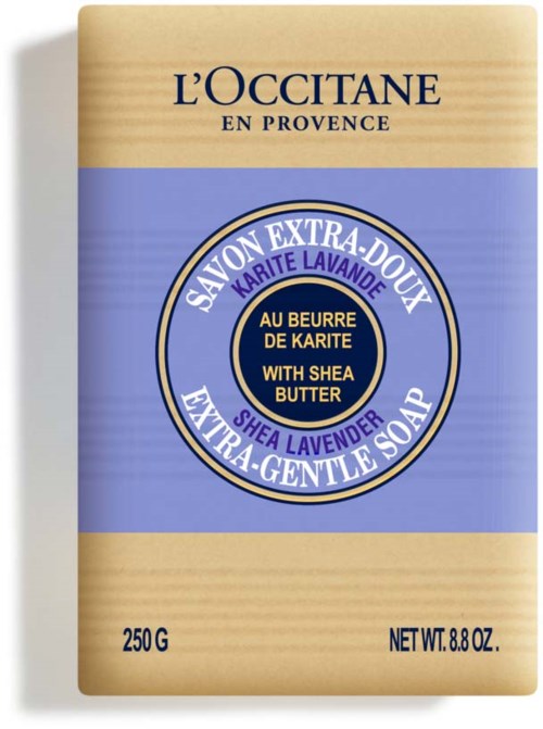 Zeepverpakking met beige en paarse design, merk L'Occitane en lavendelgeur, gewicht 250g.