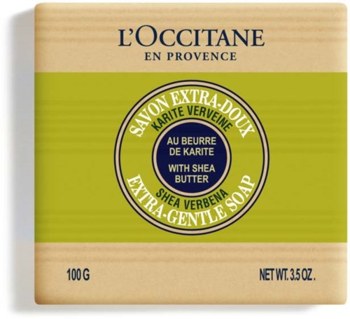 L'Occitane soap with shea butter, green and beige packaging, and text about extra-gentle soap.