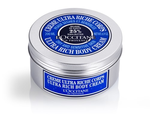 A round silver jar of L'Occitane Ultra Rich Body Cream with blue and white label, size 200ml.