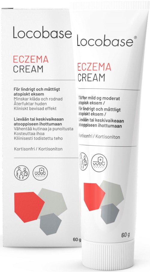 Eczema-kräm med en vit tub och matchande box. Texten förklarar att den är för mild till måttlig eksem, minskar rodnad, lugnar huden.